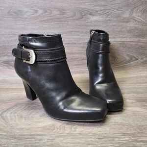 Franco Sarto Booties Womens 7M Black Square‎ Toe Buckle Ankle Heeled Moto Biker